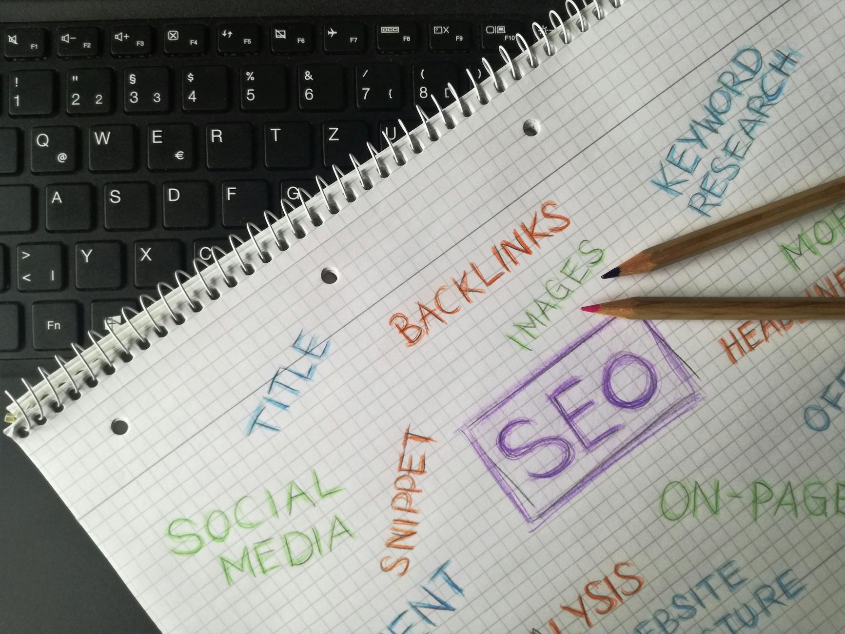 Close-up of notebook with SEO terms and keywords, highlighting digital marketing strategy. - SEO blog content optimization